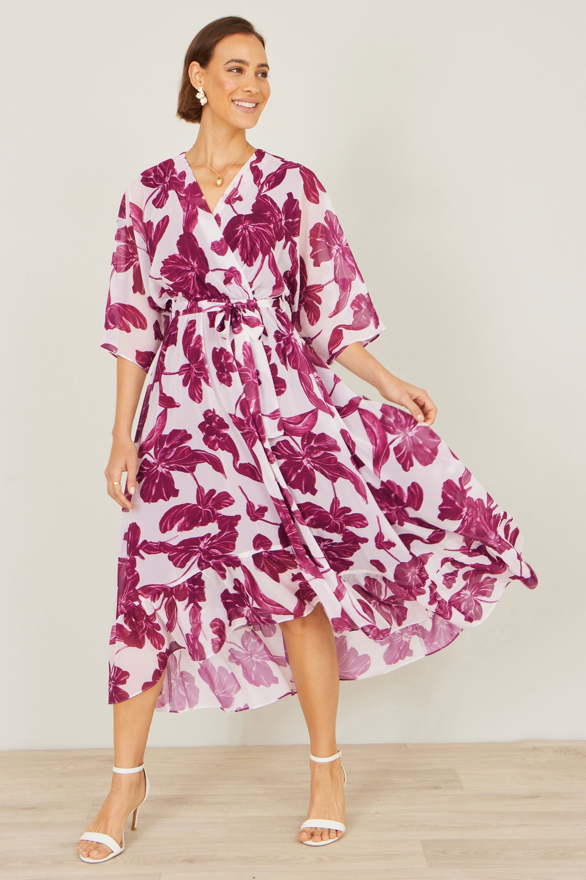 Yumi Pink Kimono Sleeves Midi Dip Hem Wrap Midi Dress - QHA UK
