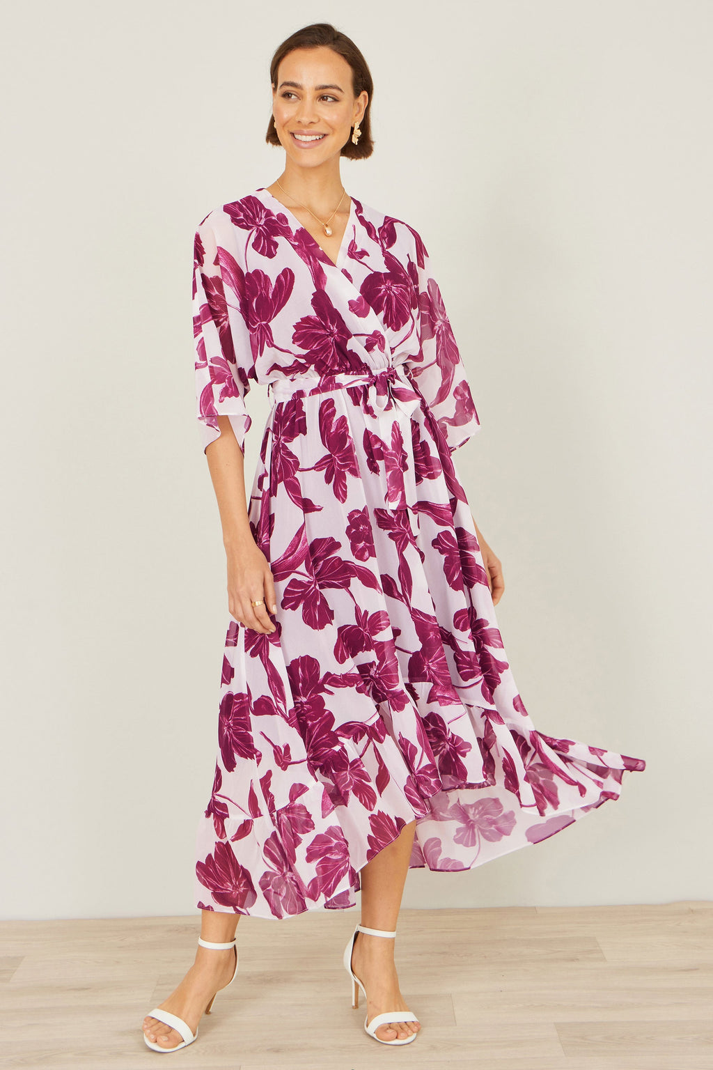 Yumi Pink Kimono Sleeves Midi Dip Hem Wrap Midi Dress - QHA UK