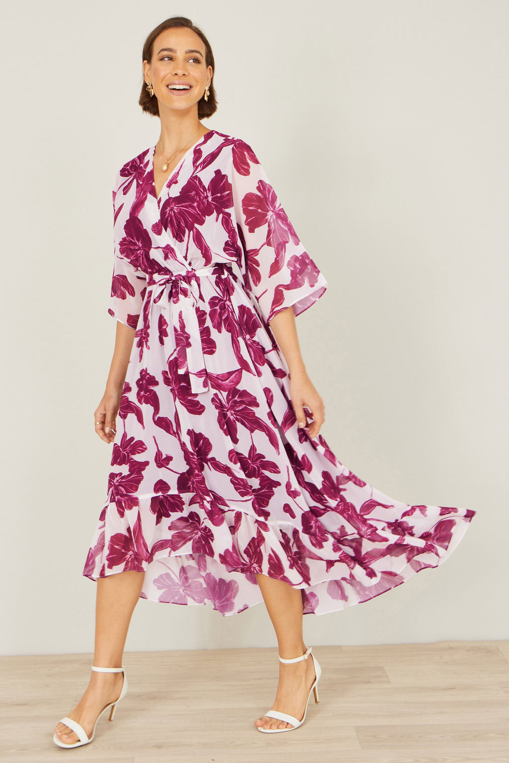 Yumi Pink Kimono Sleeves Midi Dip Hem Wrap Midi Dress - QHA UK