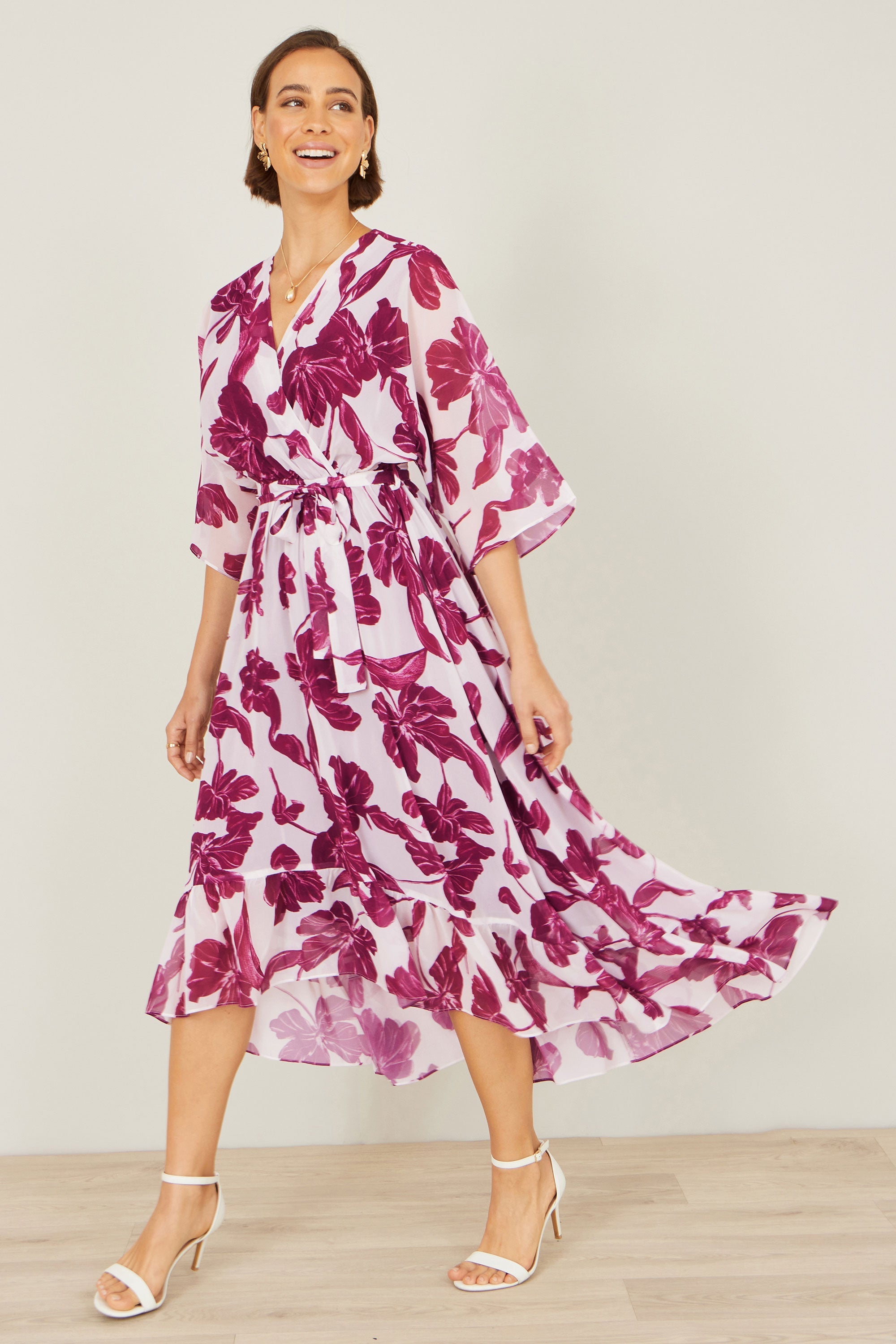 Yumi Pink Kimono Sleeves Midi Dip Hem Wrap Midi Dress - QHA UK
