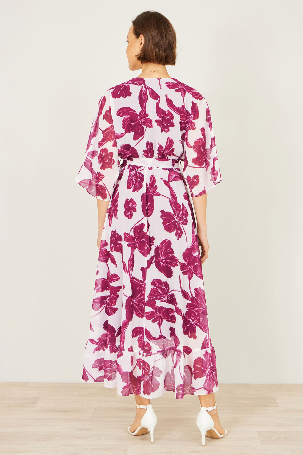 Yumi Pink Kimono Sleeves Midi Dip Hem Wrap Midi Dress - QHA UK