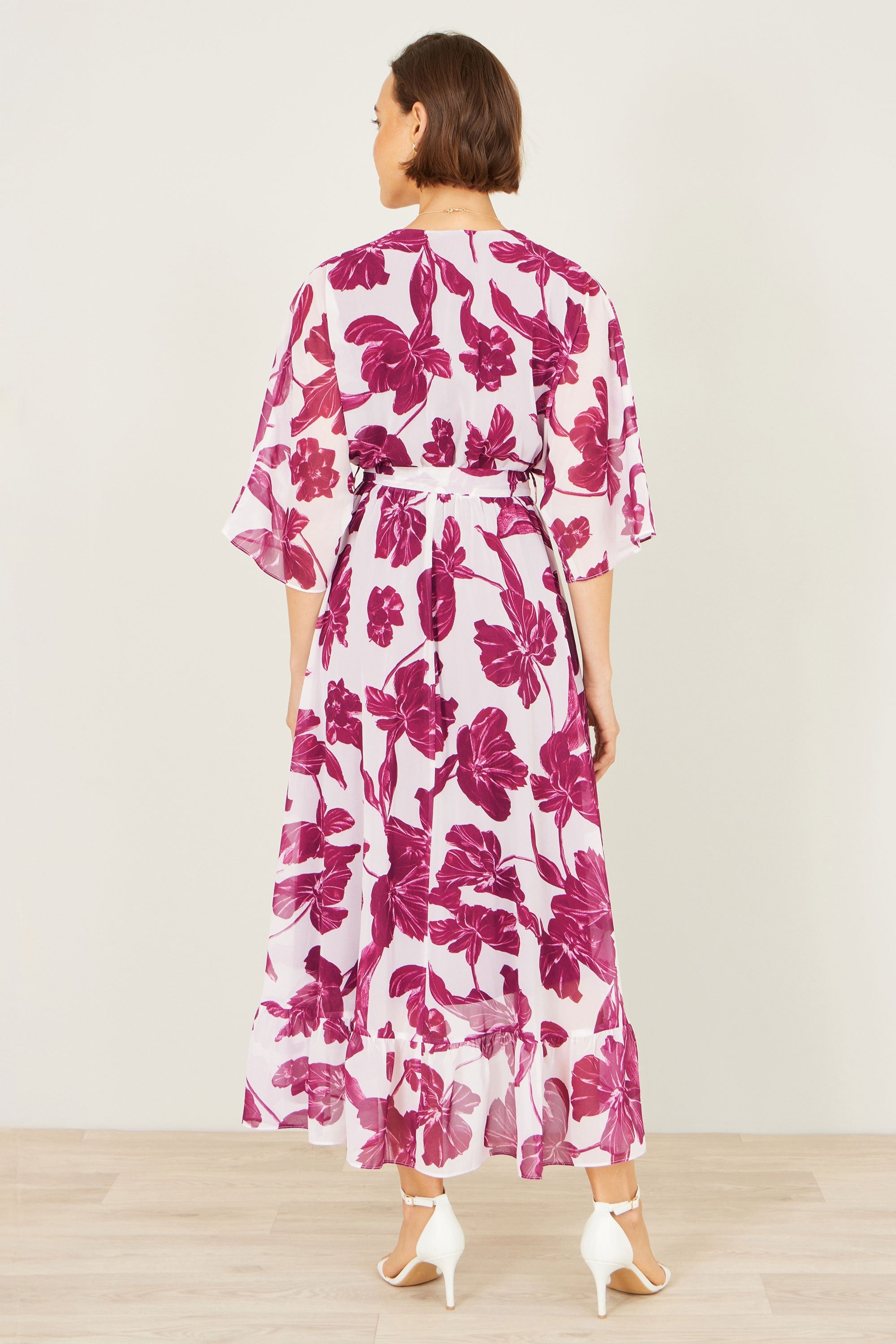Yumi Pink Kimono Sleeves Midi Dip Hem Wrap Midi Dress - QHA UK