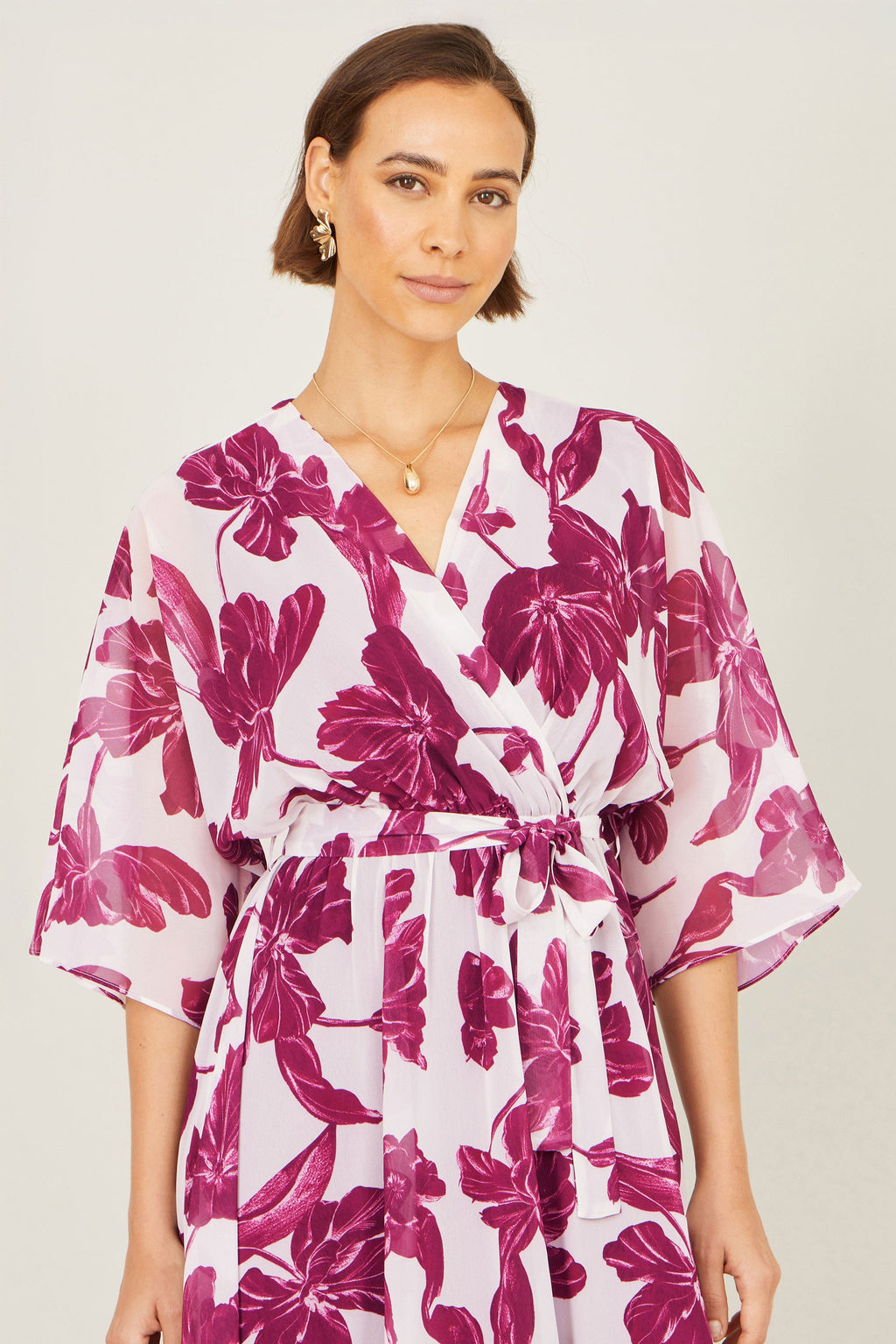 Yumi Pink Kimono Sleeves Midi Dip Hem Wrap Midi Dress - QHA UK