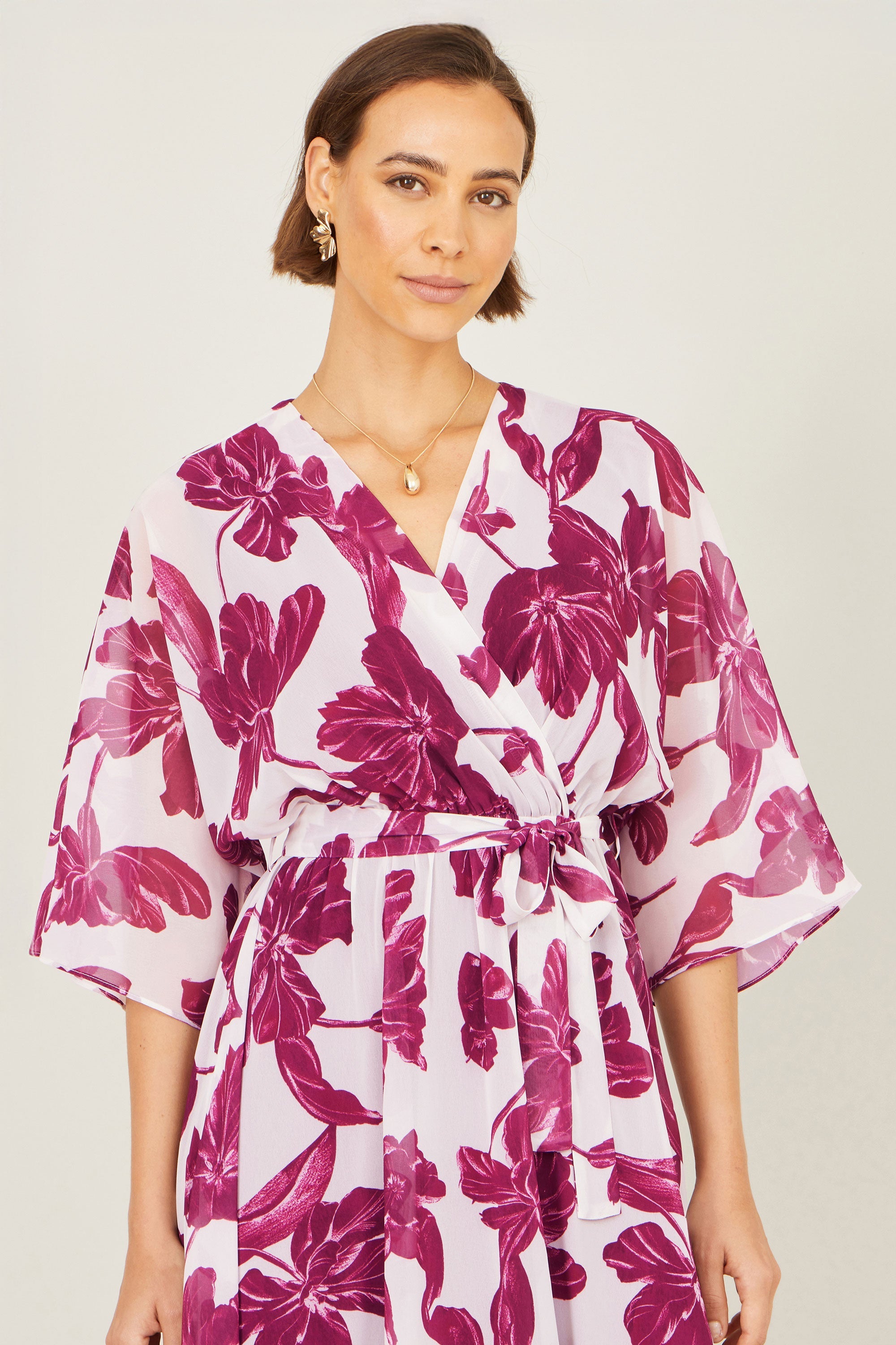 Yumi Pink Kimono Sleeves Midi Dip Hem Wrap Midi Dress - QHA UK