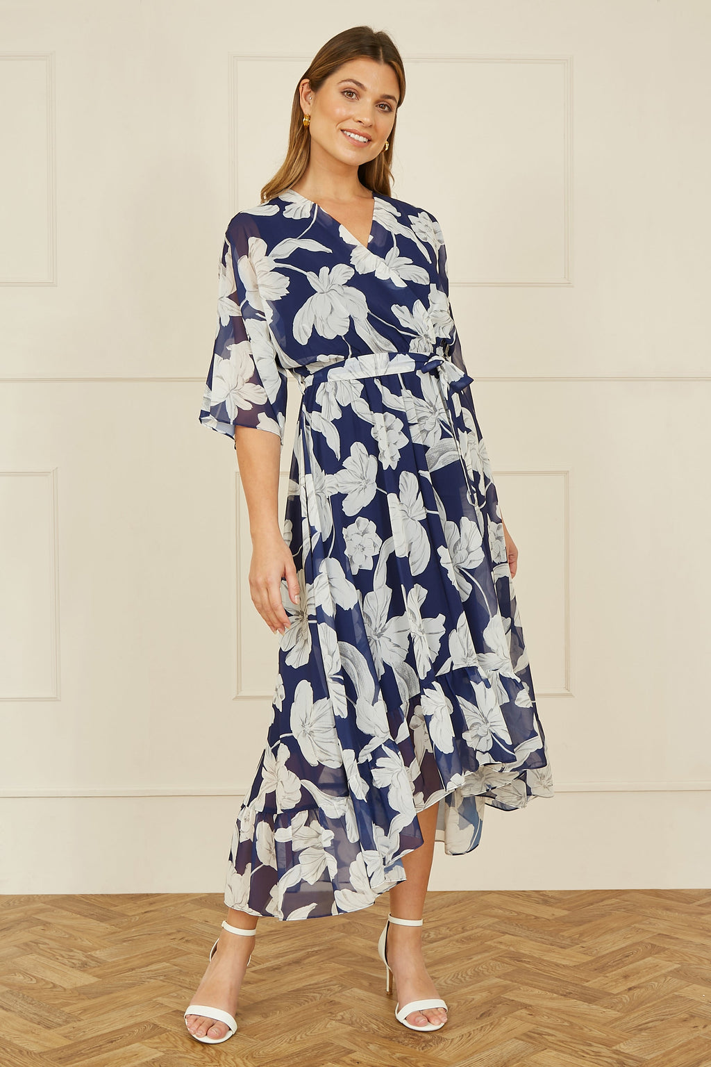 Yumi Navy Mesh Bird And Floral Print Midi Dress With Ruffles - QHA UK