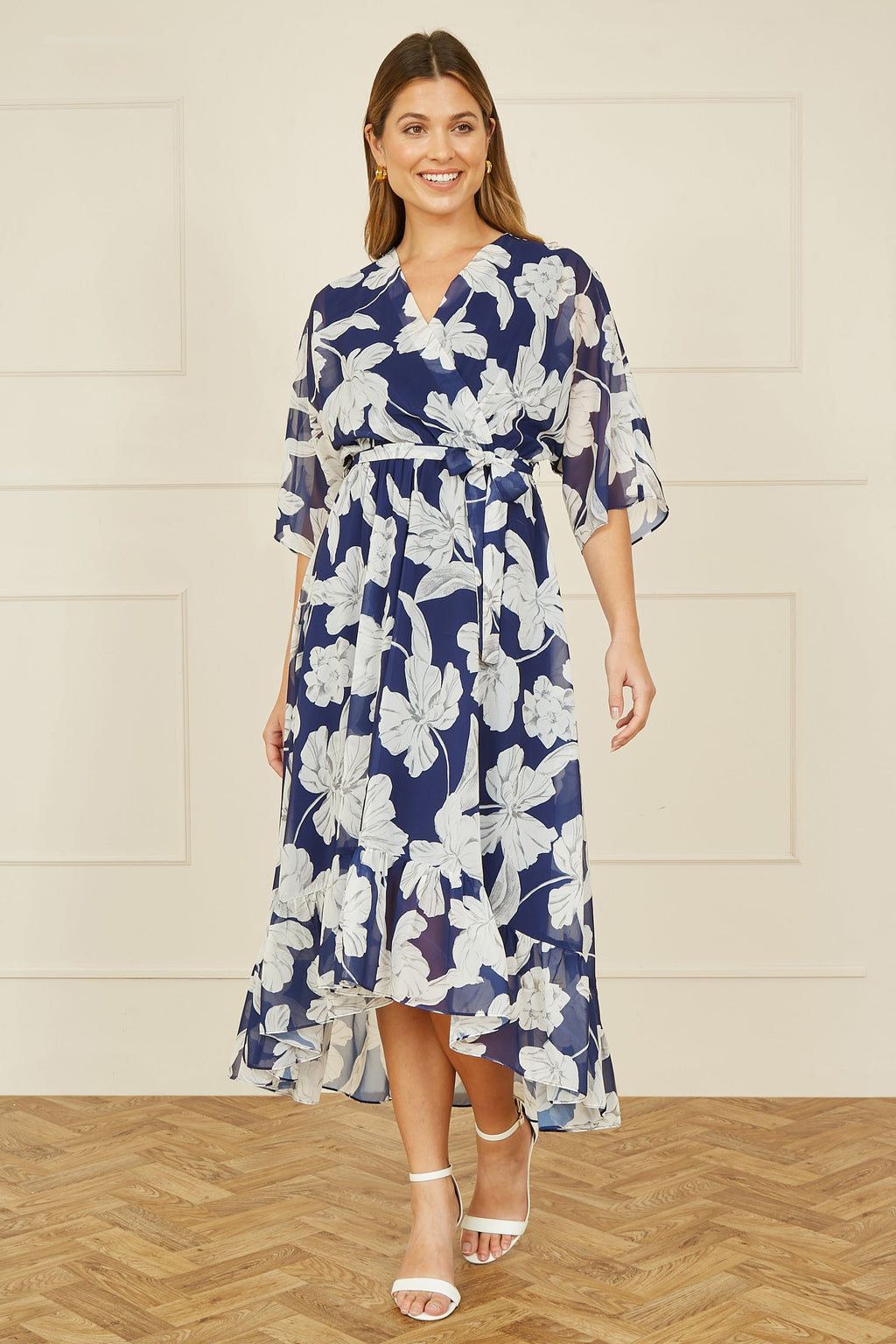 Yumi Navy Mesh Bird And Floral Print Midi Dress With Ruffles - QHA UK