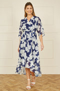Yumi Navy Mesh Bird And Floral Print Midi Dress With Ruffles - QHA UK