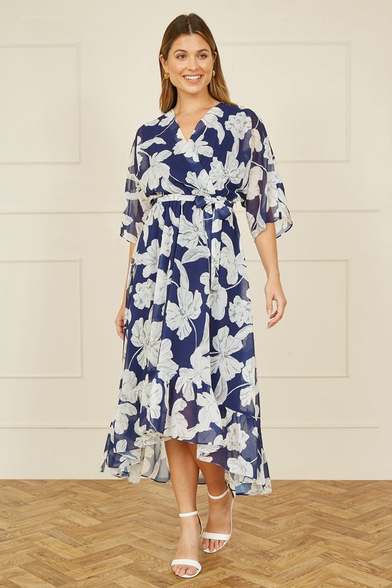Yumi Navy Mesh Bird And Floral Print Midi Dress With Ruffles - QHA UK