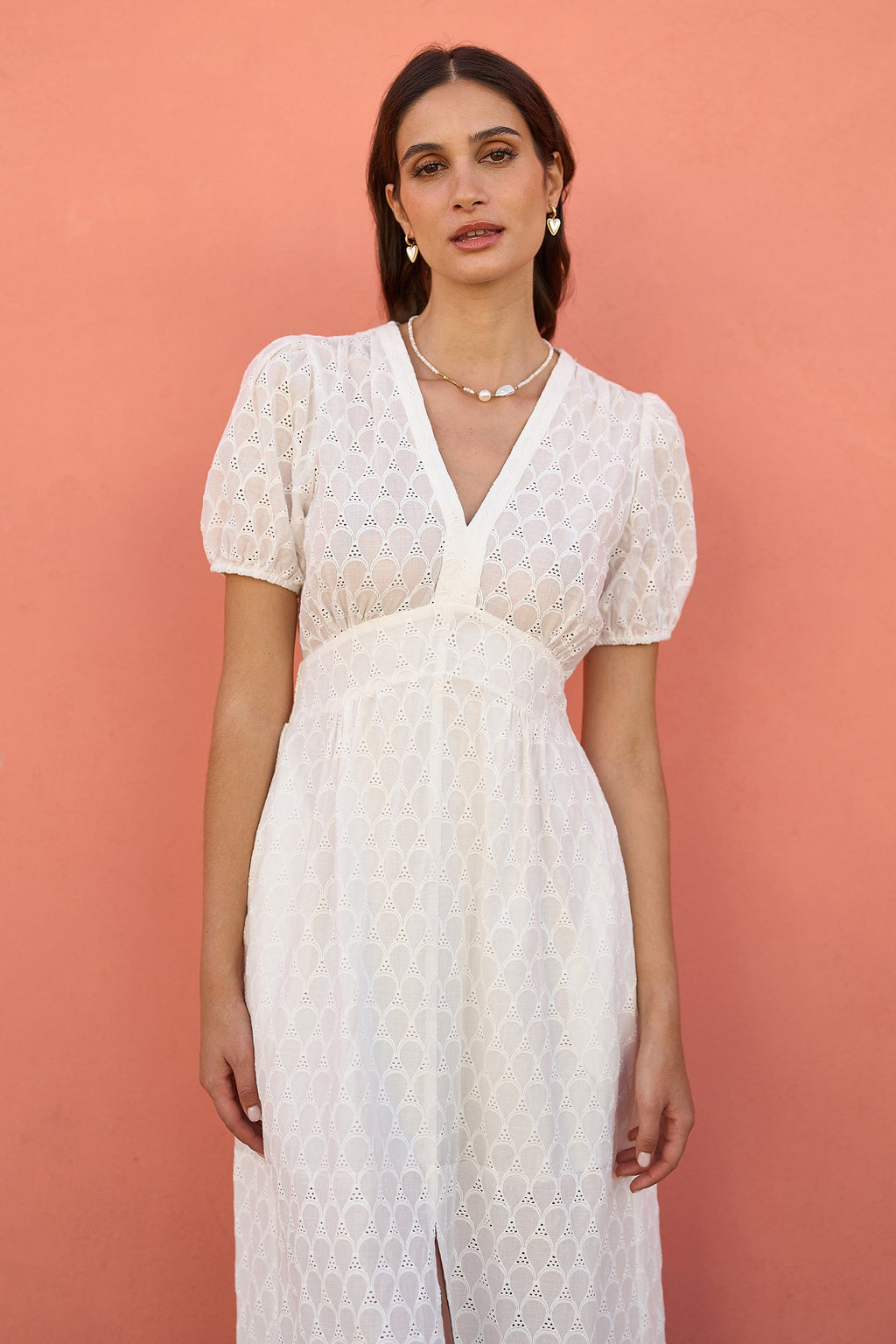 Yumi White Broderie Anglaise Midi Dress With Split Hemline - QHA UK