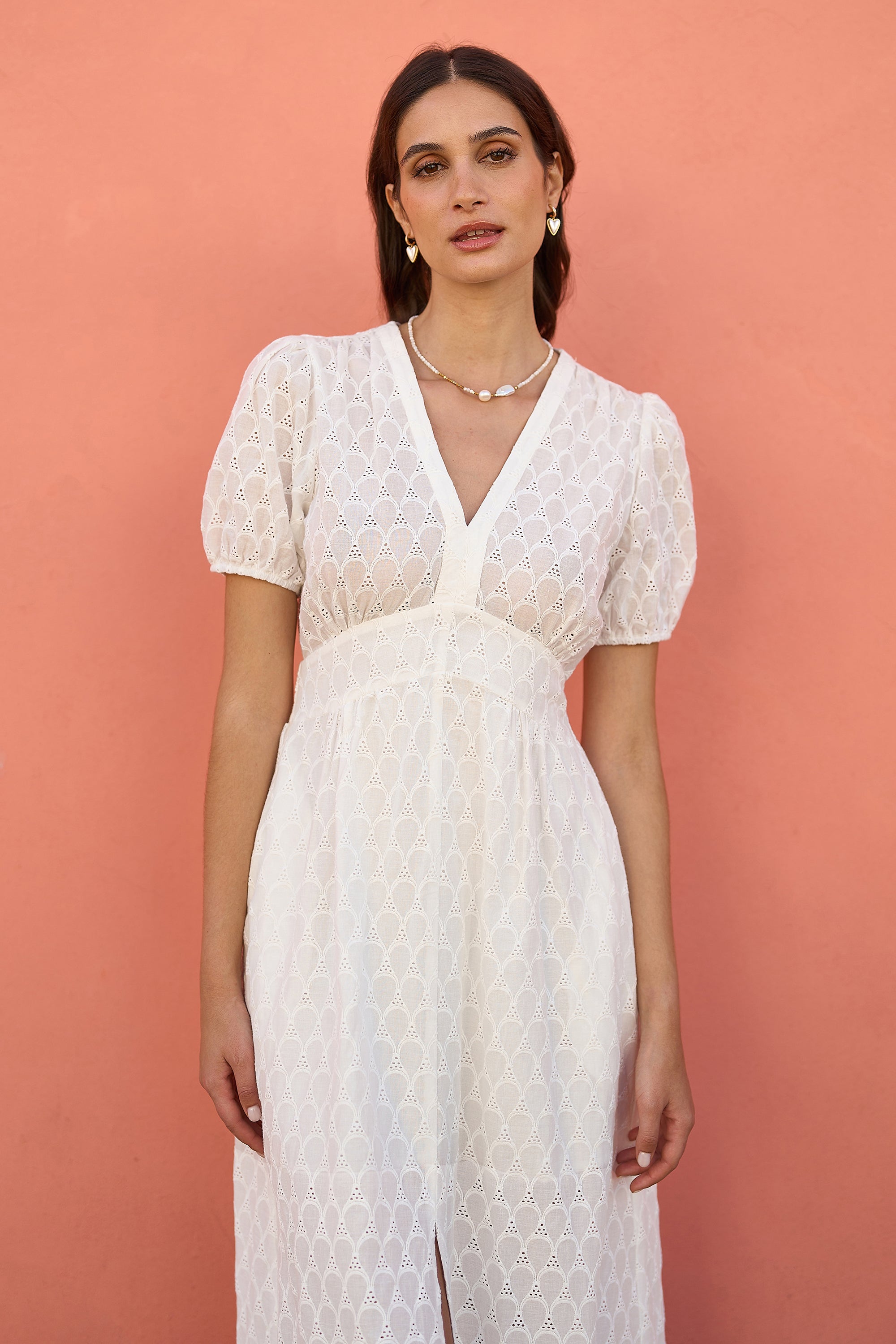 Yumi White Broderie Anglaise Midi Dress With Split Hemline