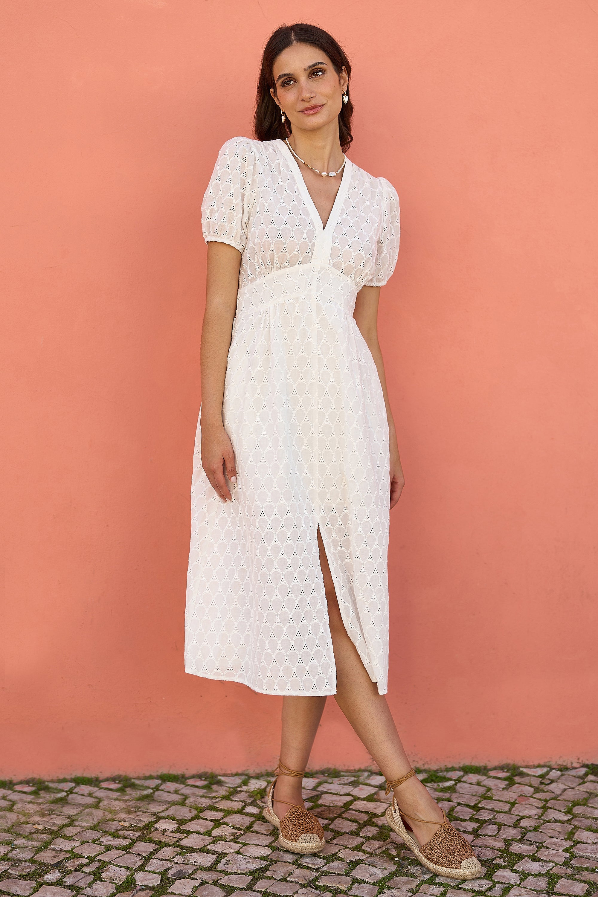 Yumi White Broderie Anglaise Midi Dress With Split Hemline