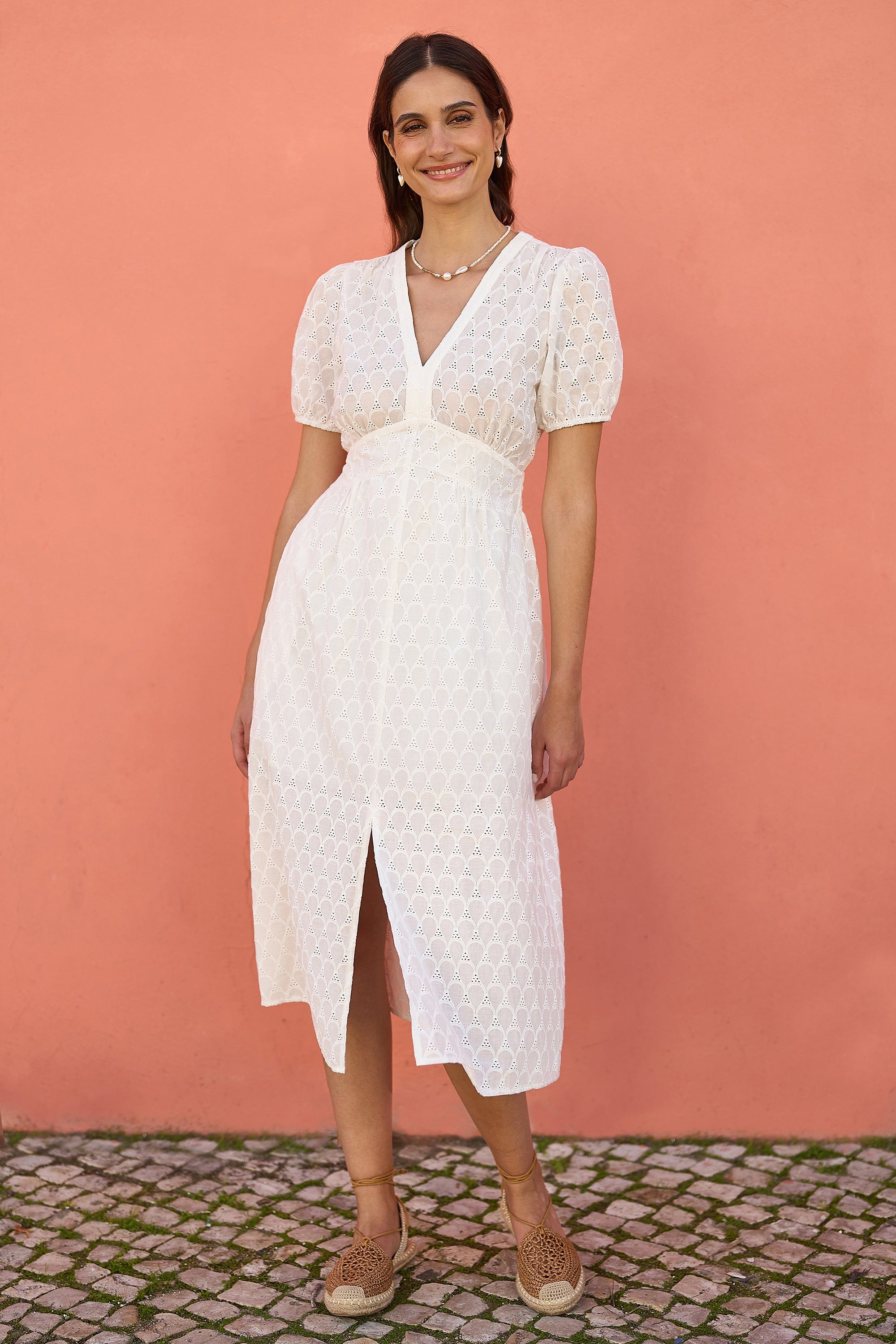Yumi White Broderie Anglaise Midi Dress With Split Hemline