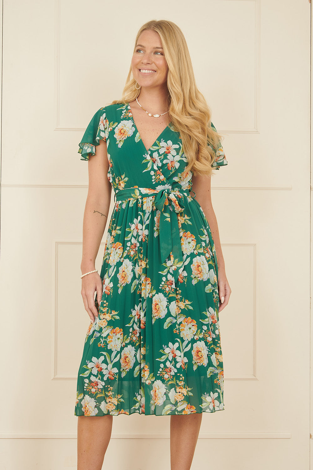 Yumi Green Floral Pleated Wrap Dress - QHA UK