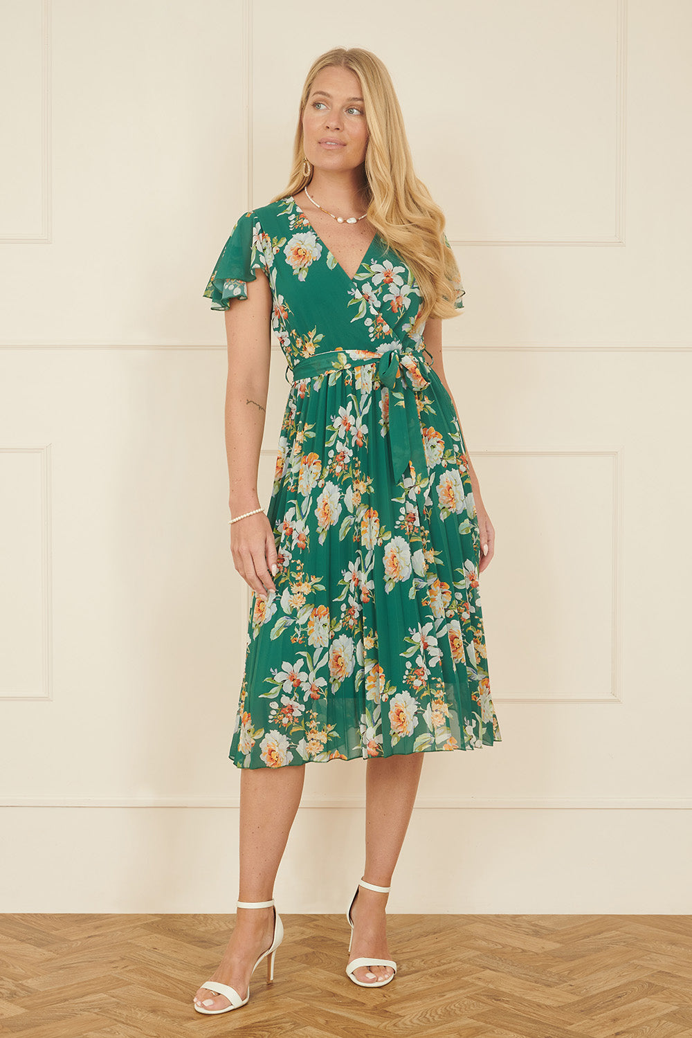 Yumi Green Floral Pleated Wrap Dress - QHA UK