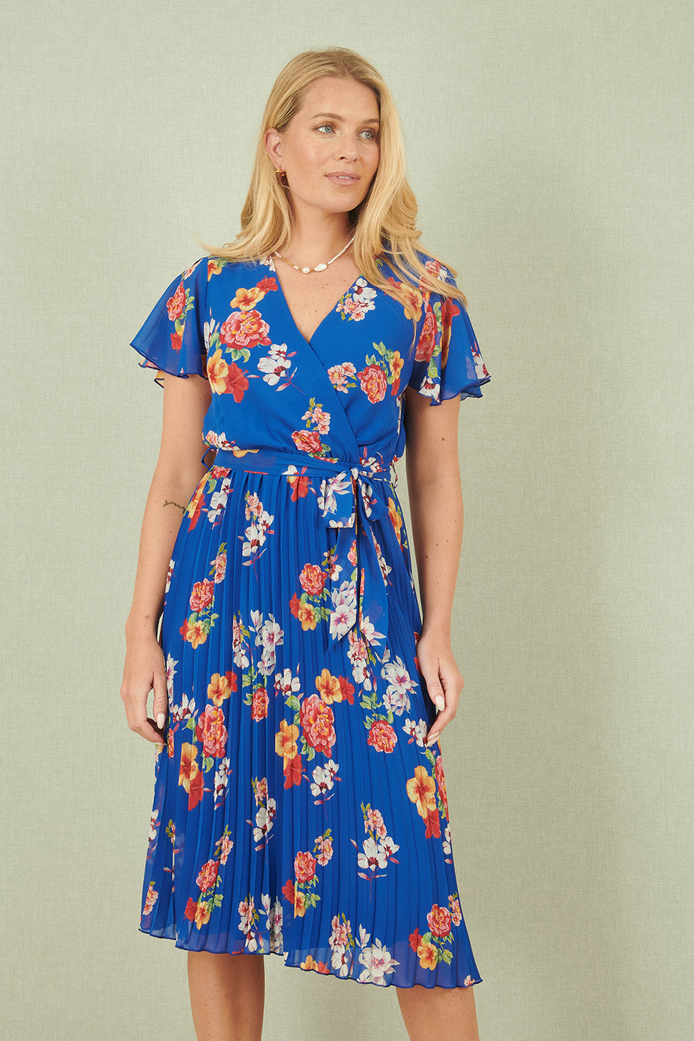 Yumi Blue Floral Pleated Wrap Dress - QHA UK