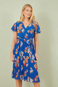 Yumi Blue Floral Pleated Wrap Dress - QHA UK