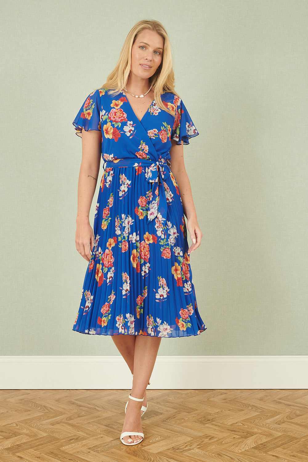 Yumi Blue Floral Pleated Wrap Dress - QHA UK