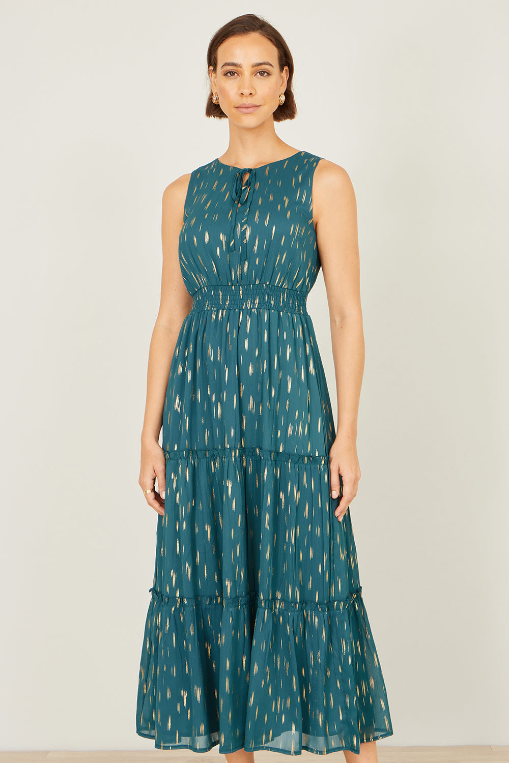 Yumi Teal Foil Print Ruched Waist Midi Dress With Tie Notch Neckline - QHA UK