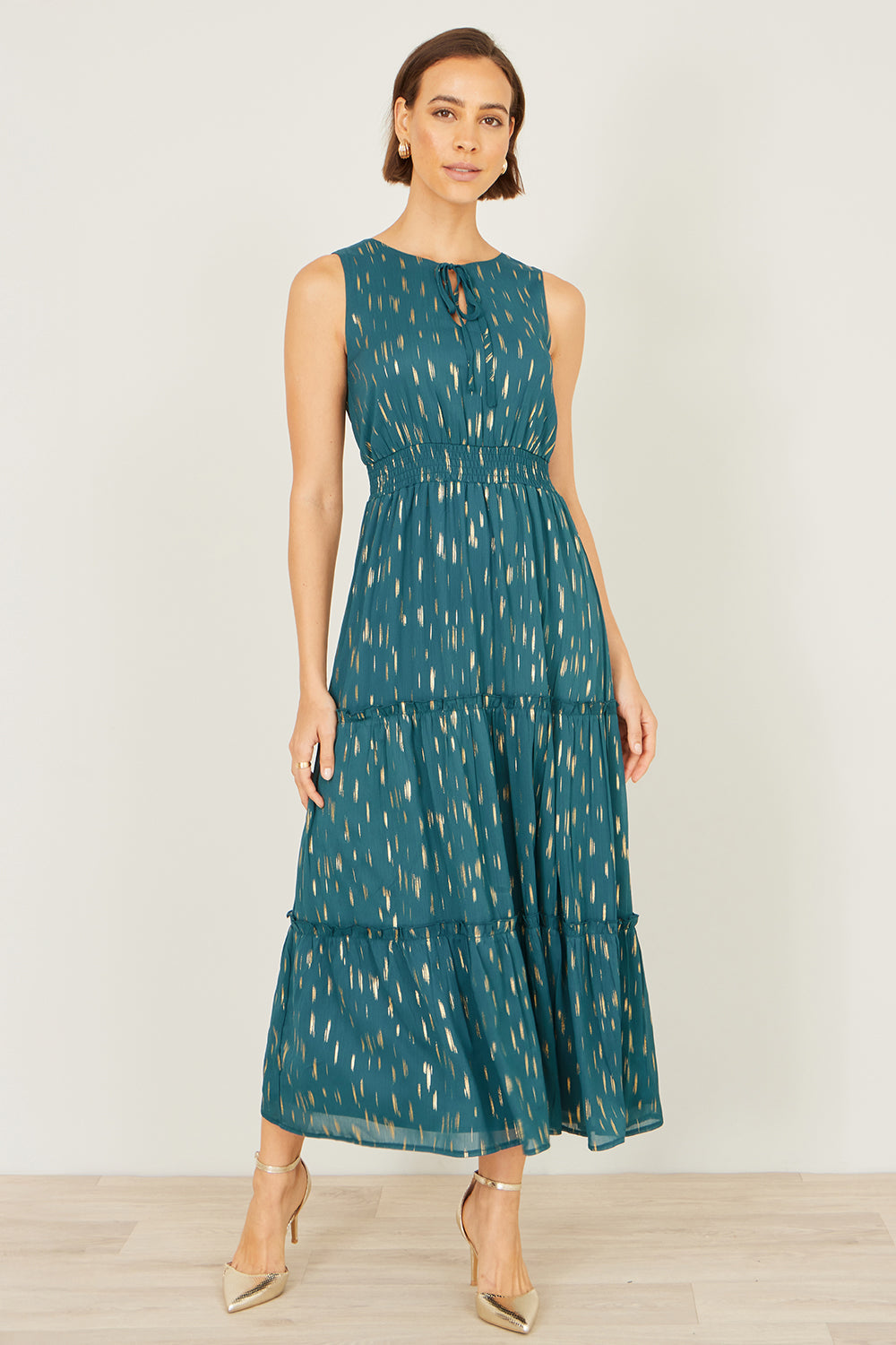 Yumi Teal Foil Print Ruched Waist Midi Dress With Tie Notch Neckline - QHA UK