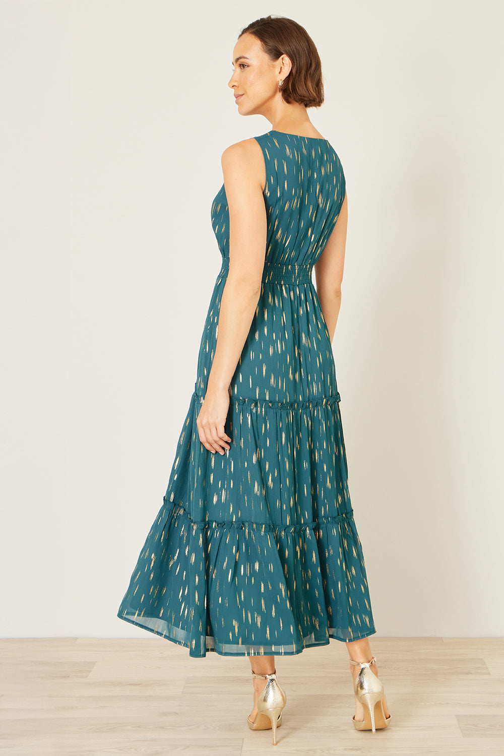 Yumi Teal Foil Print Ruched Waist Midi Dress With Tie Notch Neckline - QHA UK