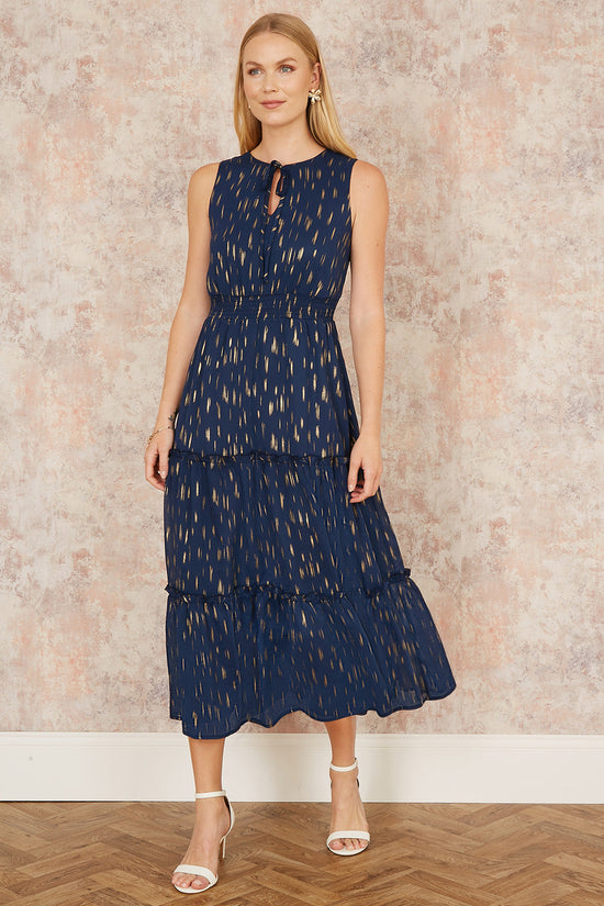 Yumi Navy Foil Print Ruched Waist Midi Dress With Tie Notch Neckline - QHA UK