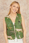Yumi Green Animal Reversible Cotton Quilted Waistcoat - QHA UK