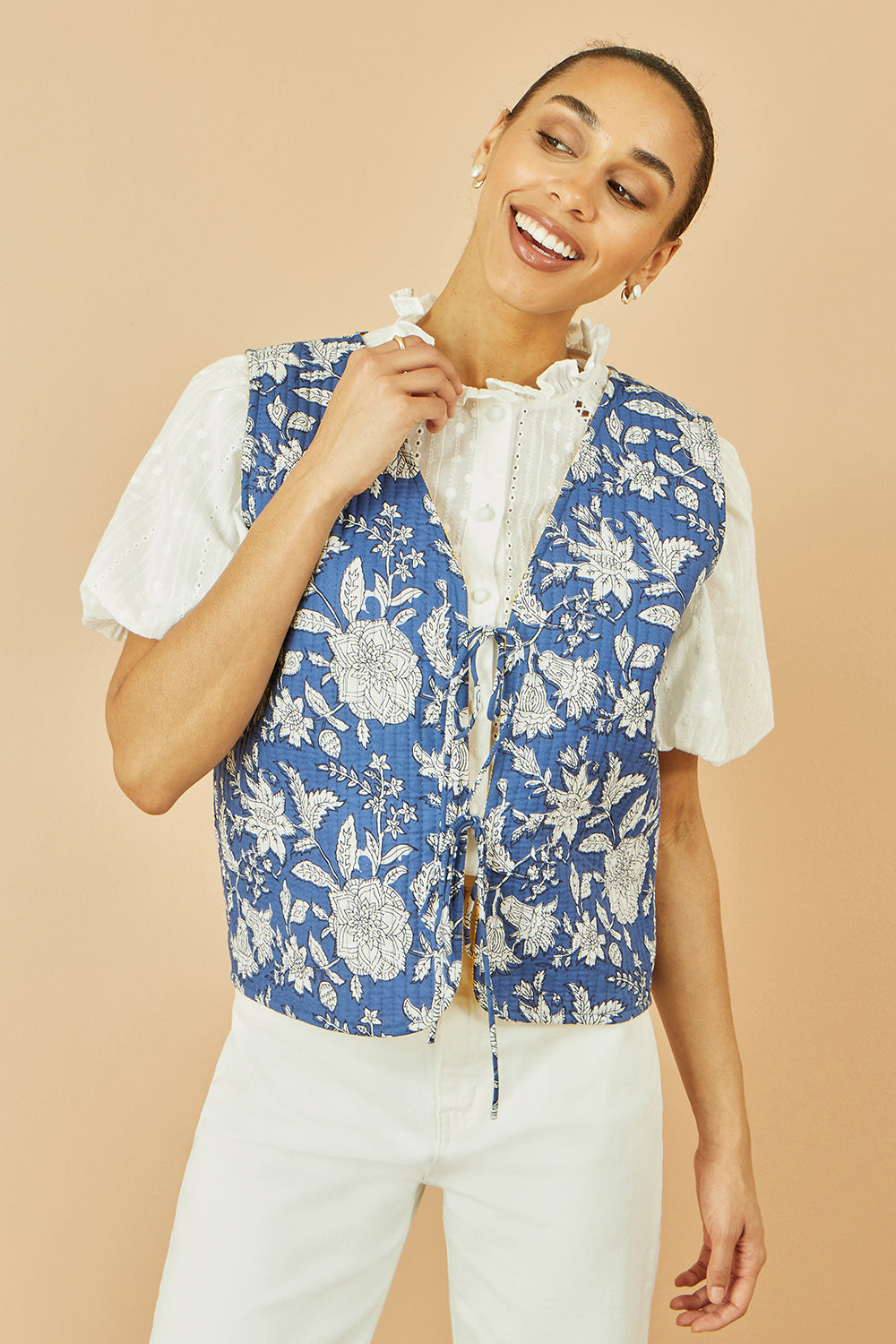 Yumi Blue Floral Reversible Cotton Quilted Waistcoat - QHA UK