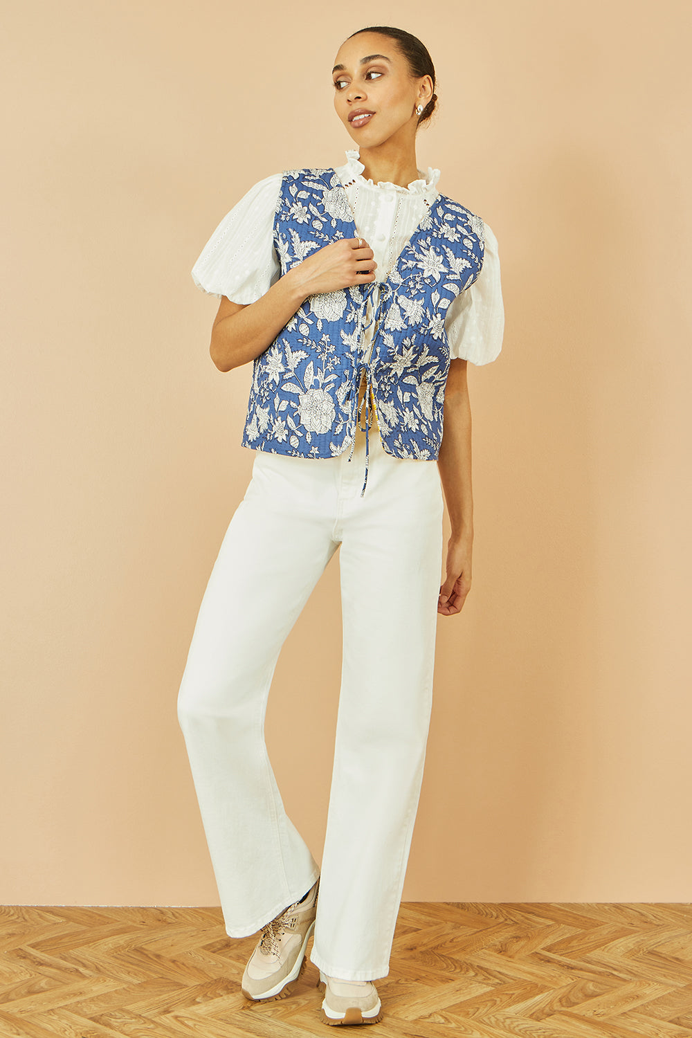 Yumi Blue Floral Reversible Cotton Quilted Waistcoat - QHA UK
