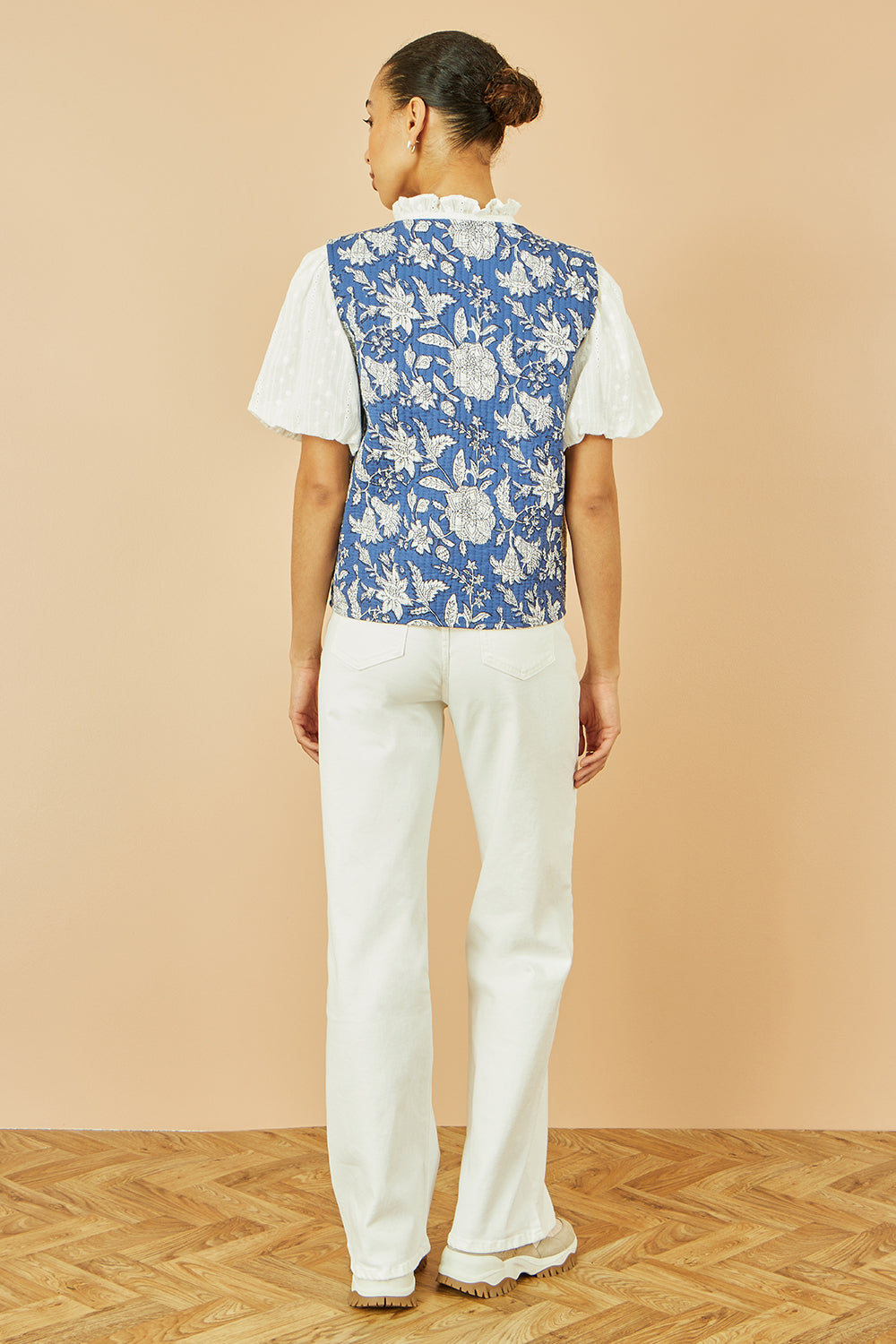 Yumi Blue Floral Reversible Cotton Quilted Waistcoat - QHA UK