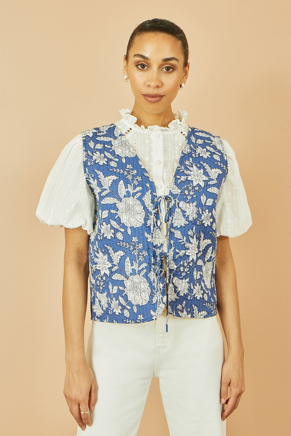 Yumi Blue Floral Reversible Cotton Quilted Waistcoat - QHA UK
