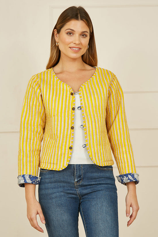 Yumi Blue Floral Reversible Cotton Quilted Jacket - QHA UK