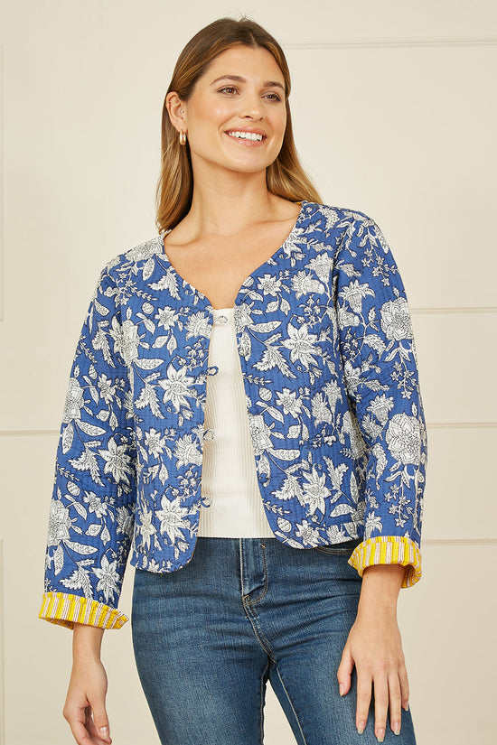 Yumi Blue Floral Reversible Cotton Quilted Jacket - QHA UK