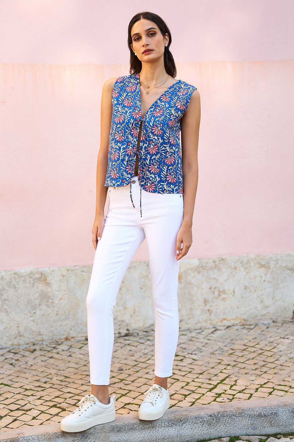Yumi Blue Flower Reversible Cotton Quilted Waistcoat - QHA UK