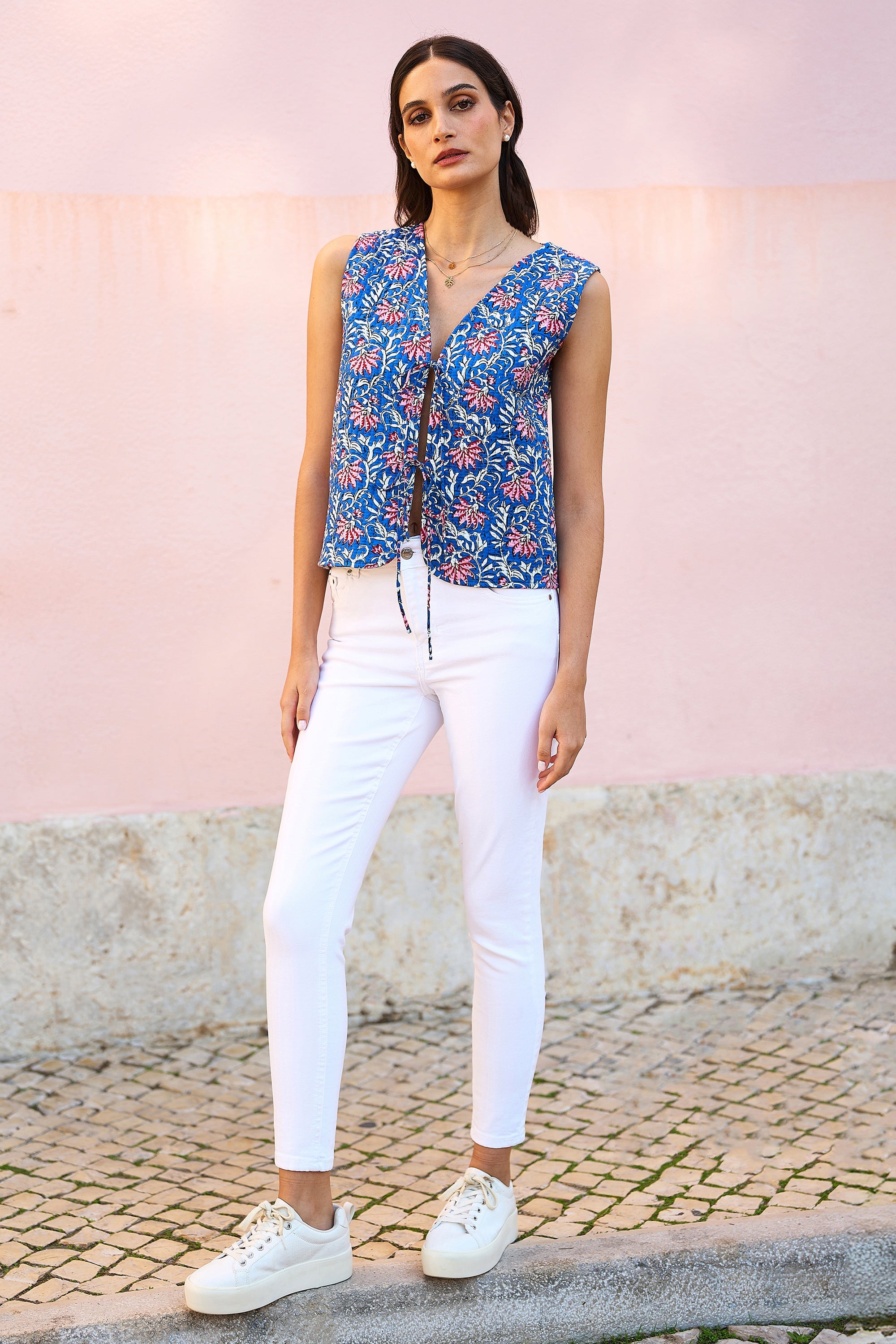 Yumi Blue Flower Reversible Cotton Quilted Waistcoat - QHA UK