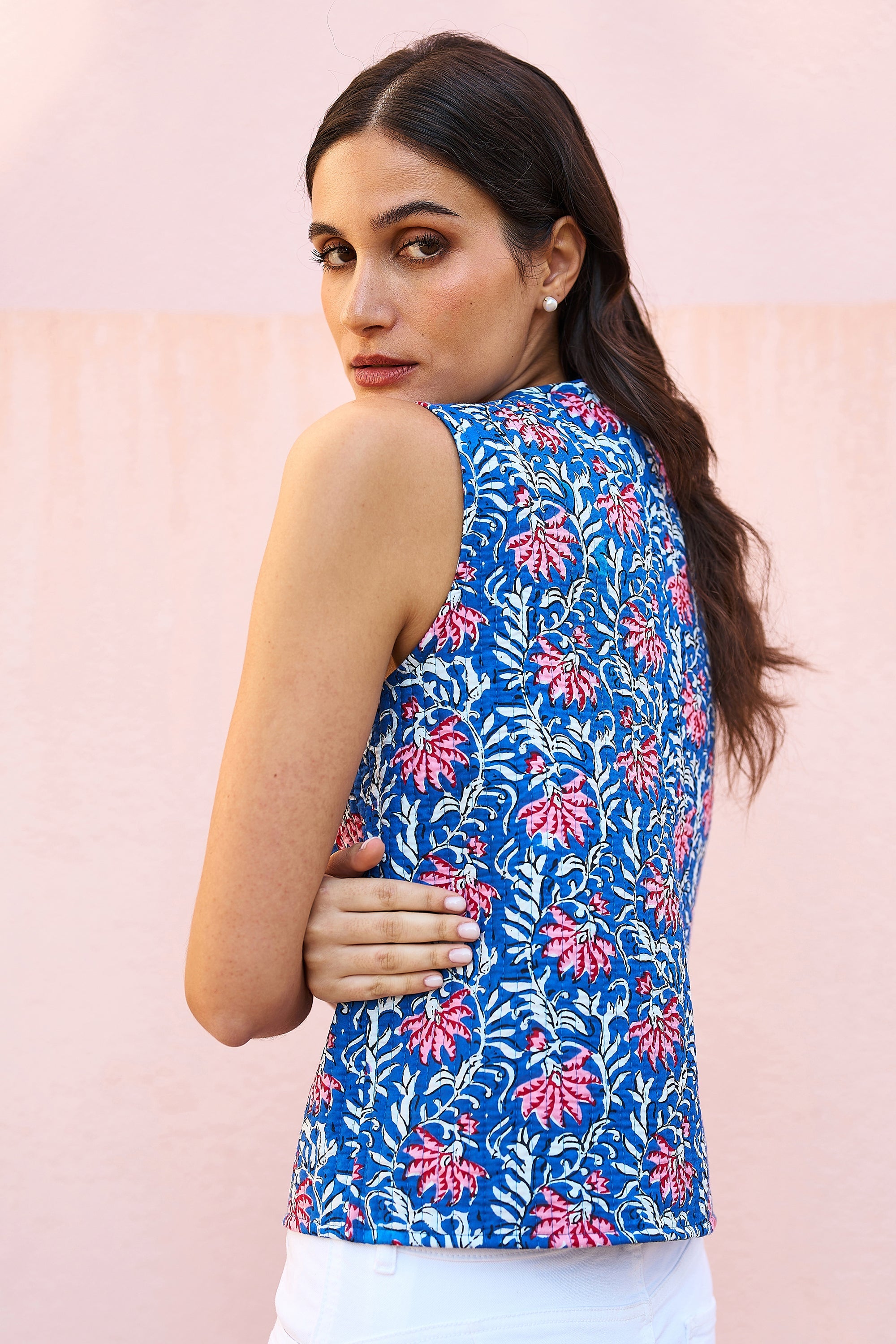 Yumi Blue Flower Reversible Cotton Quilted Waistcoat - QHA UK