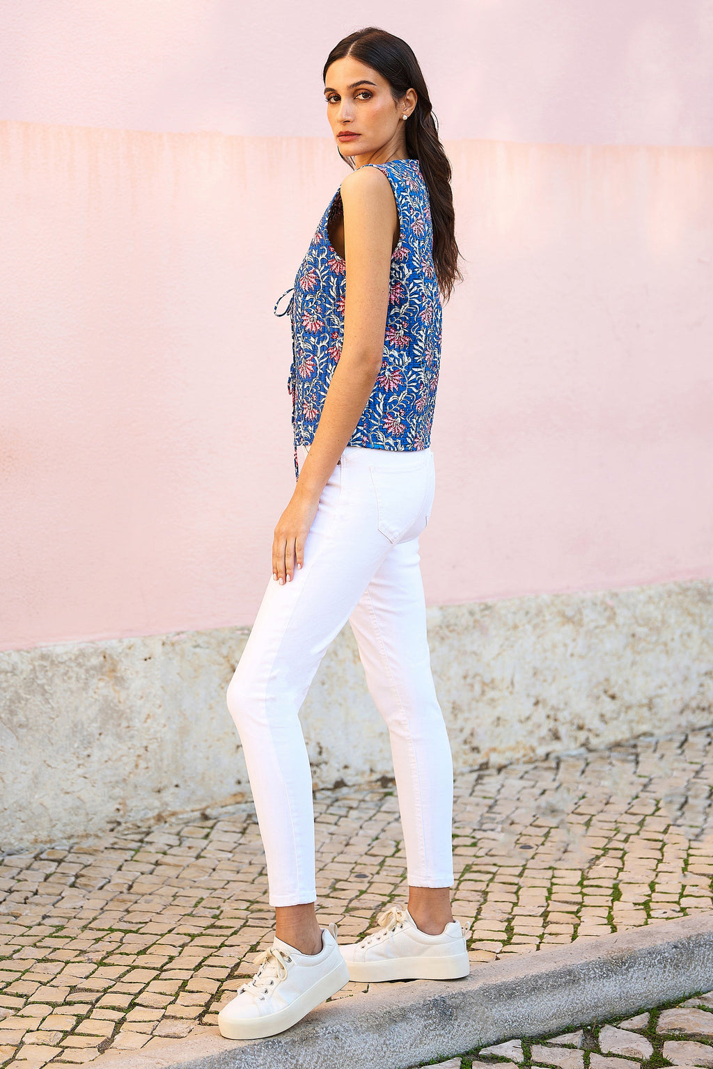 Yumi Blue Flower Reversible Cotton Quilted Waistcoat - QHA UK