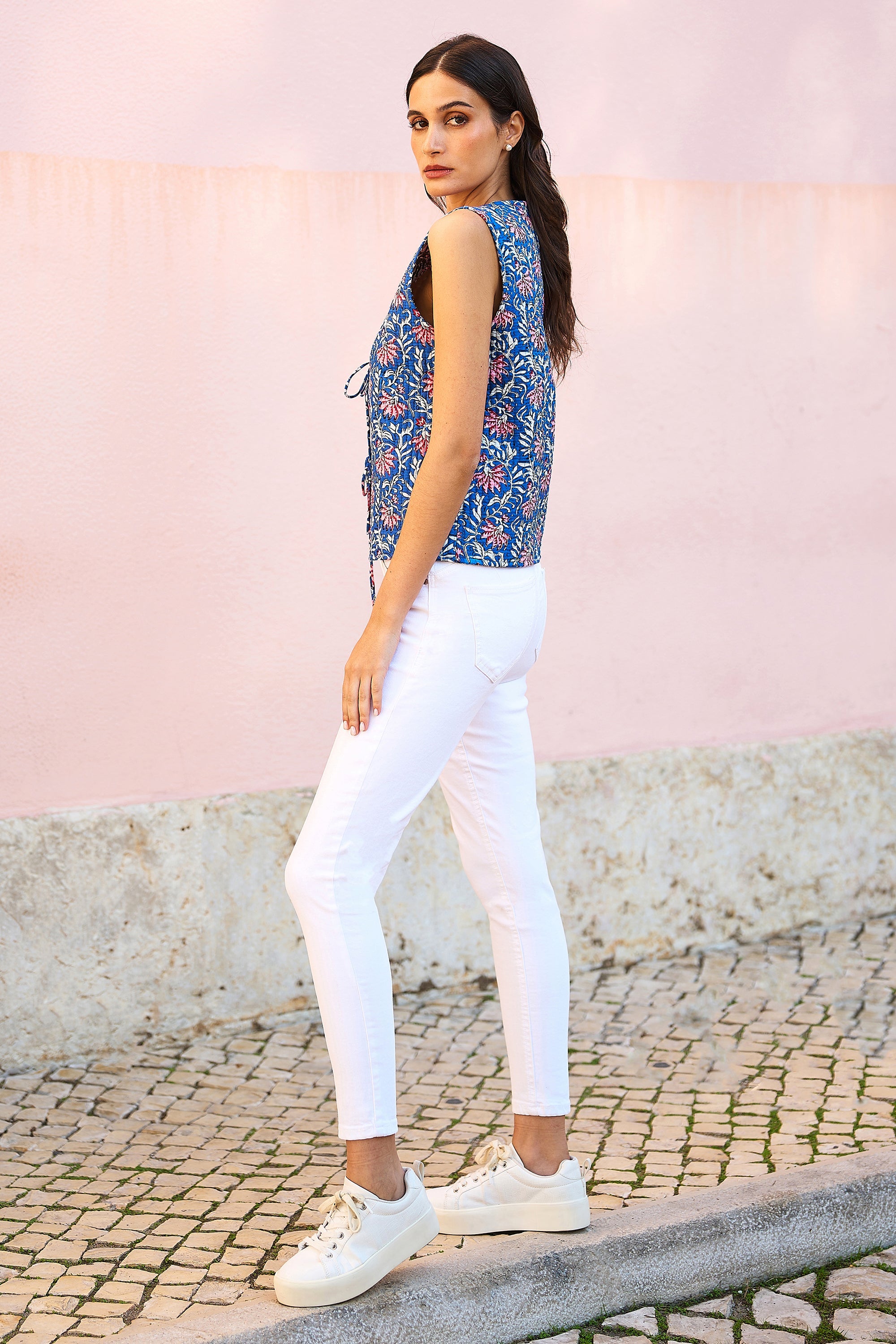 Yumi Blue Flower Reversible Cotton Quilted Waistcoat - QHA UK