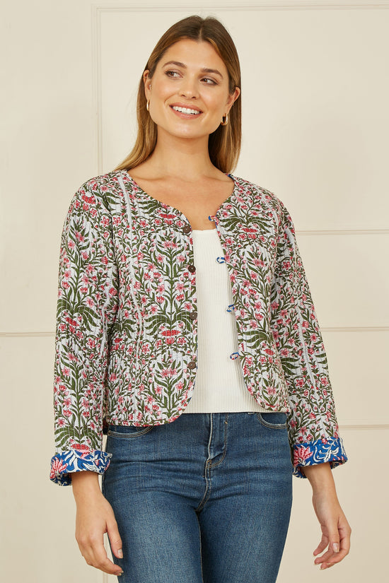Yumi Blue Floral Reversible Cotton Quilted Jacket - QHA UK