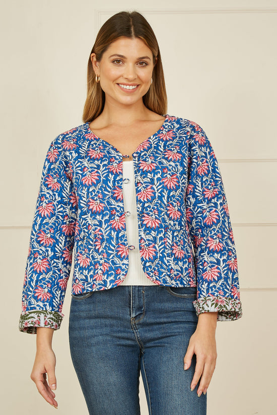 Yumi Blue Floral Reversible Cotton Quilted Jacket - QHA UK