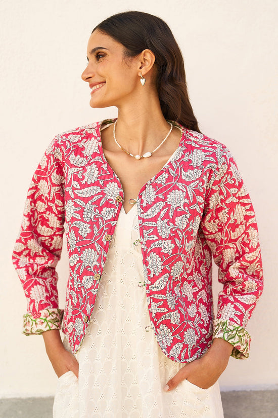Yumi Pink Floral Reversible Cotton Quilted Jacket - QHA UK