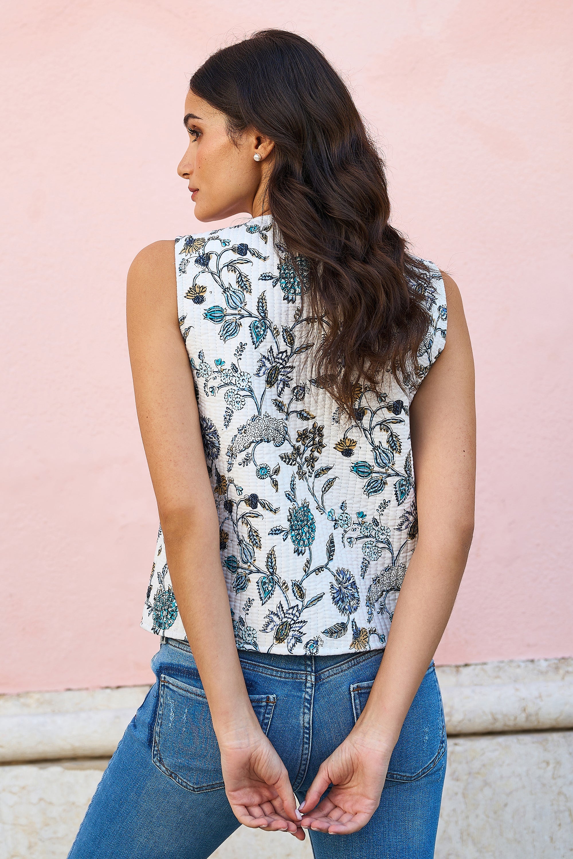 Yumi Blue Leaf Reversible Cotton Quilted Waistcoat