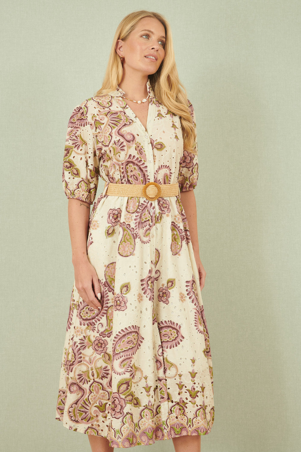 Yumi White Paisley Print Broderie Anglaise Cotton Midi Dress - QHA UK