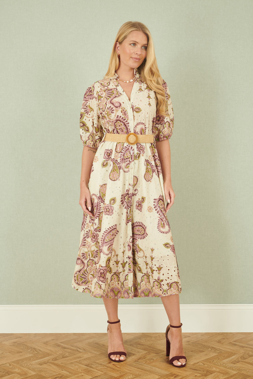 Yumi White Paisley Print Broderie Anglaise Cotton Midi Dress - QHA UK