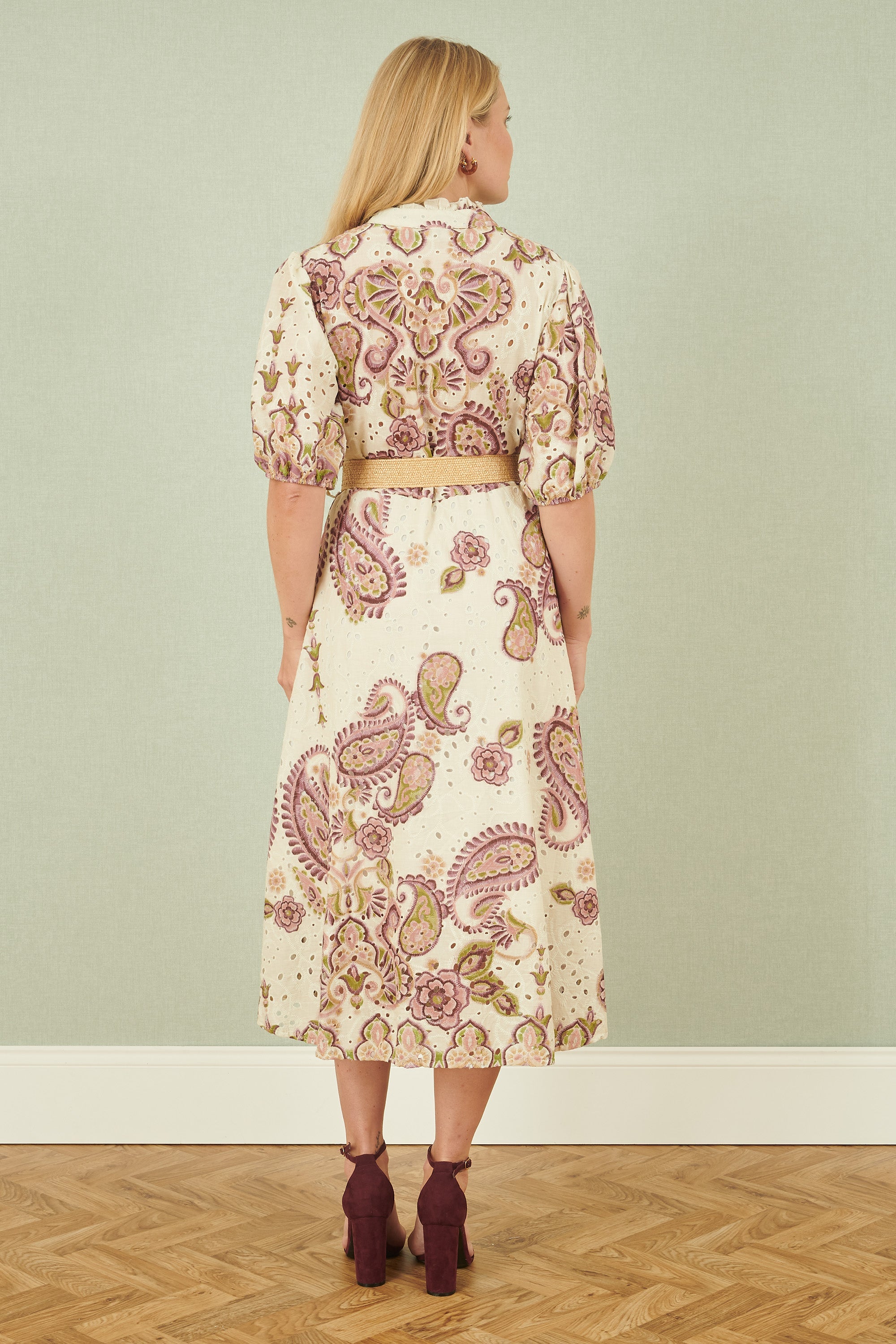 Yumi White Paisley Print Broderie Anglaise Cotton Midi Dress - QHA UK