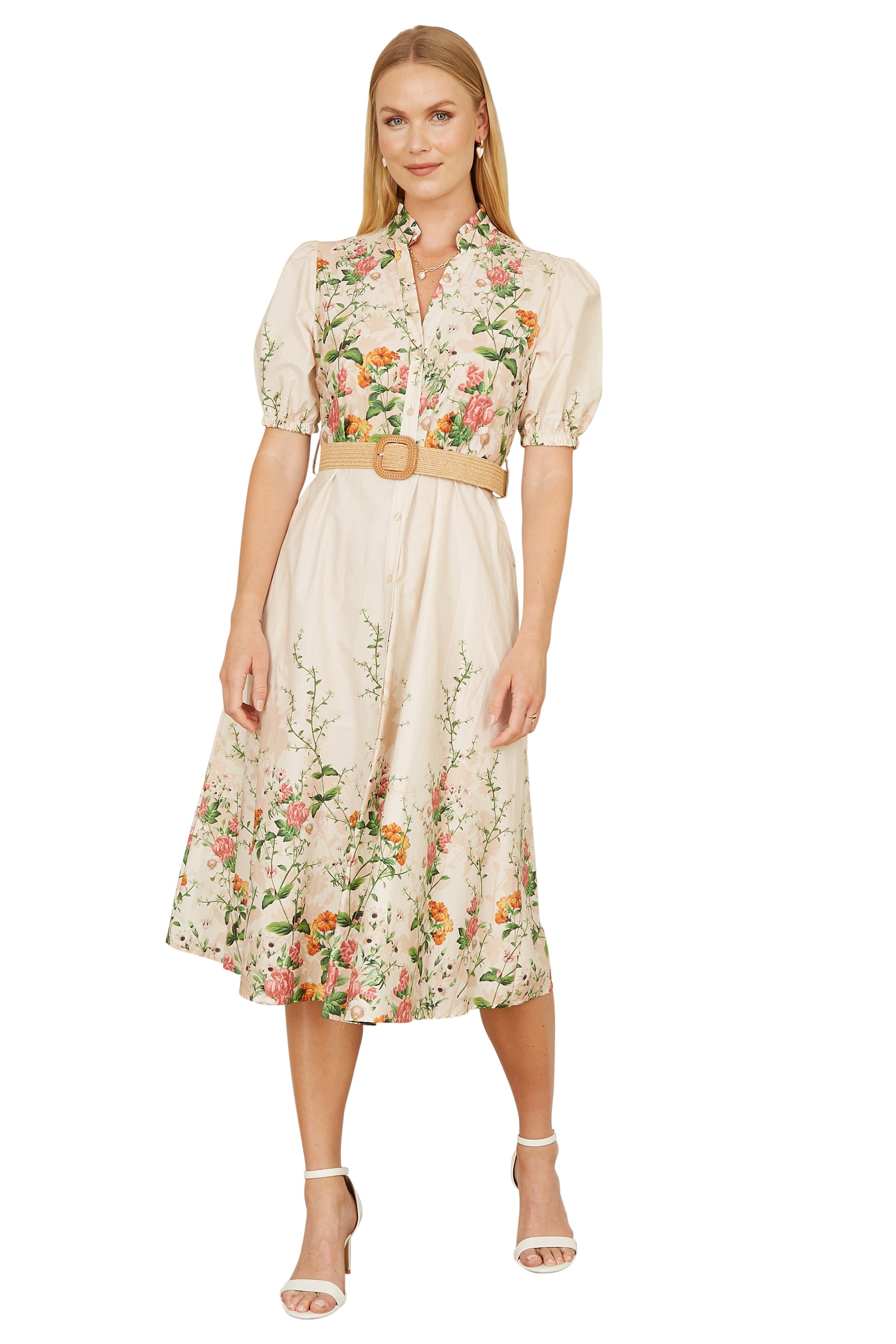 Yumi Ivory Cotton Printed Midi Floral Placement Shirt Dress - QHA UK