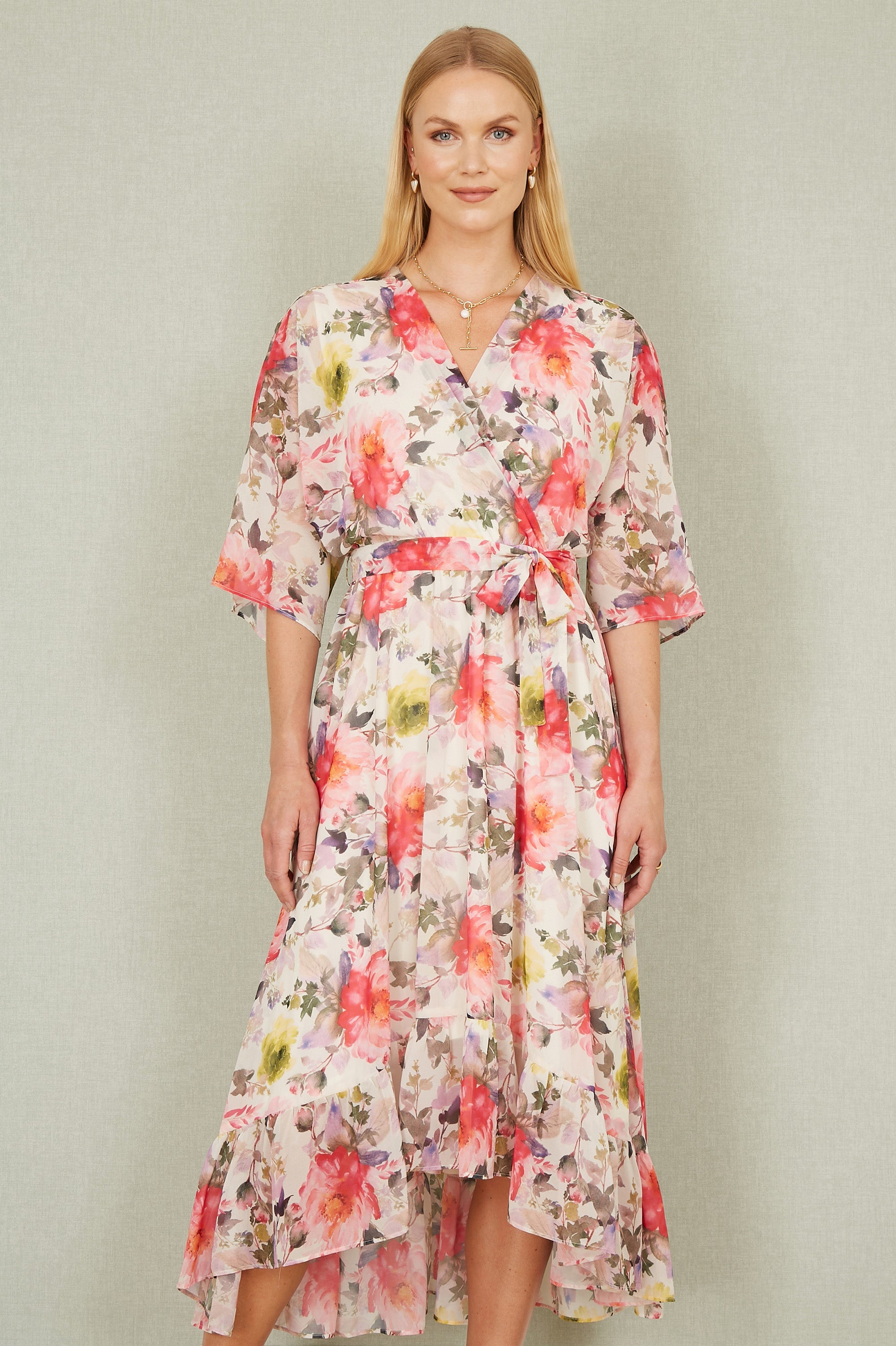 Yumi Ivory Vintage Floral Wrap Midi Dress With Frill - QHA UK