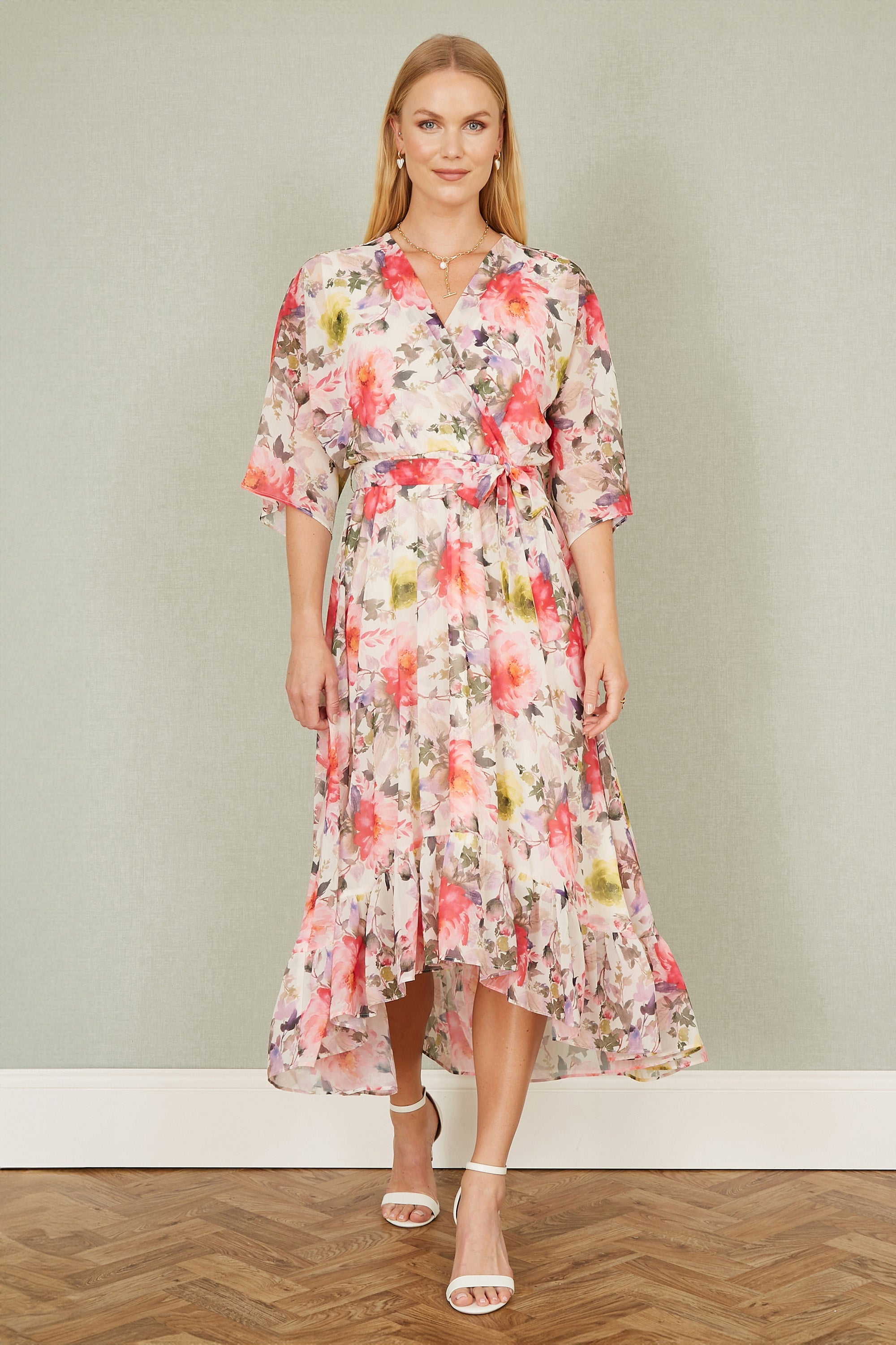 Yumi Ivory Vintage Floral Wrap Midi Dress With Frill - QHA UK