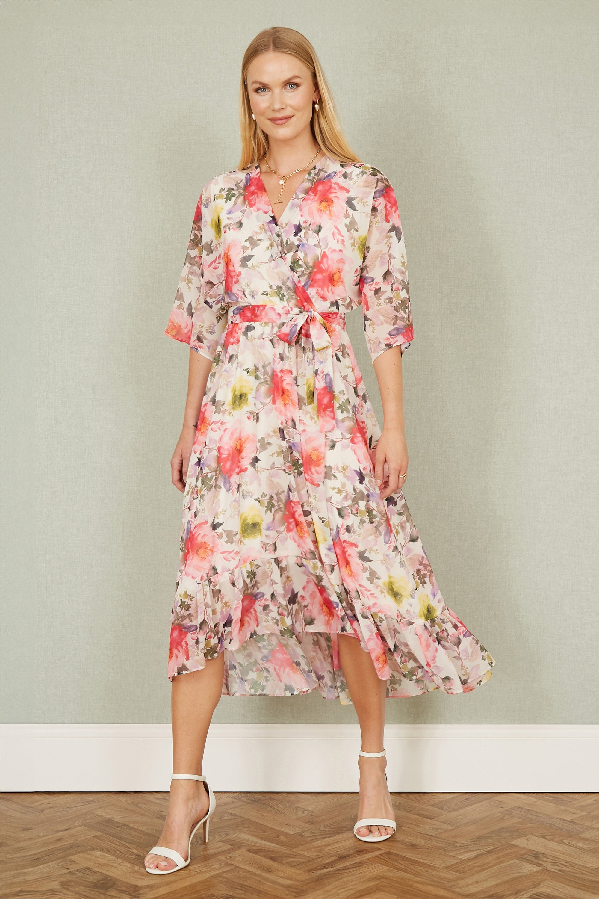 Yumi Ivory Vintage Floral Wrap Midi Dress With Frill - QHA UK