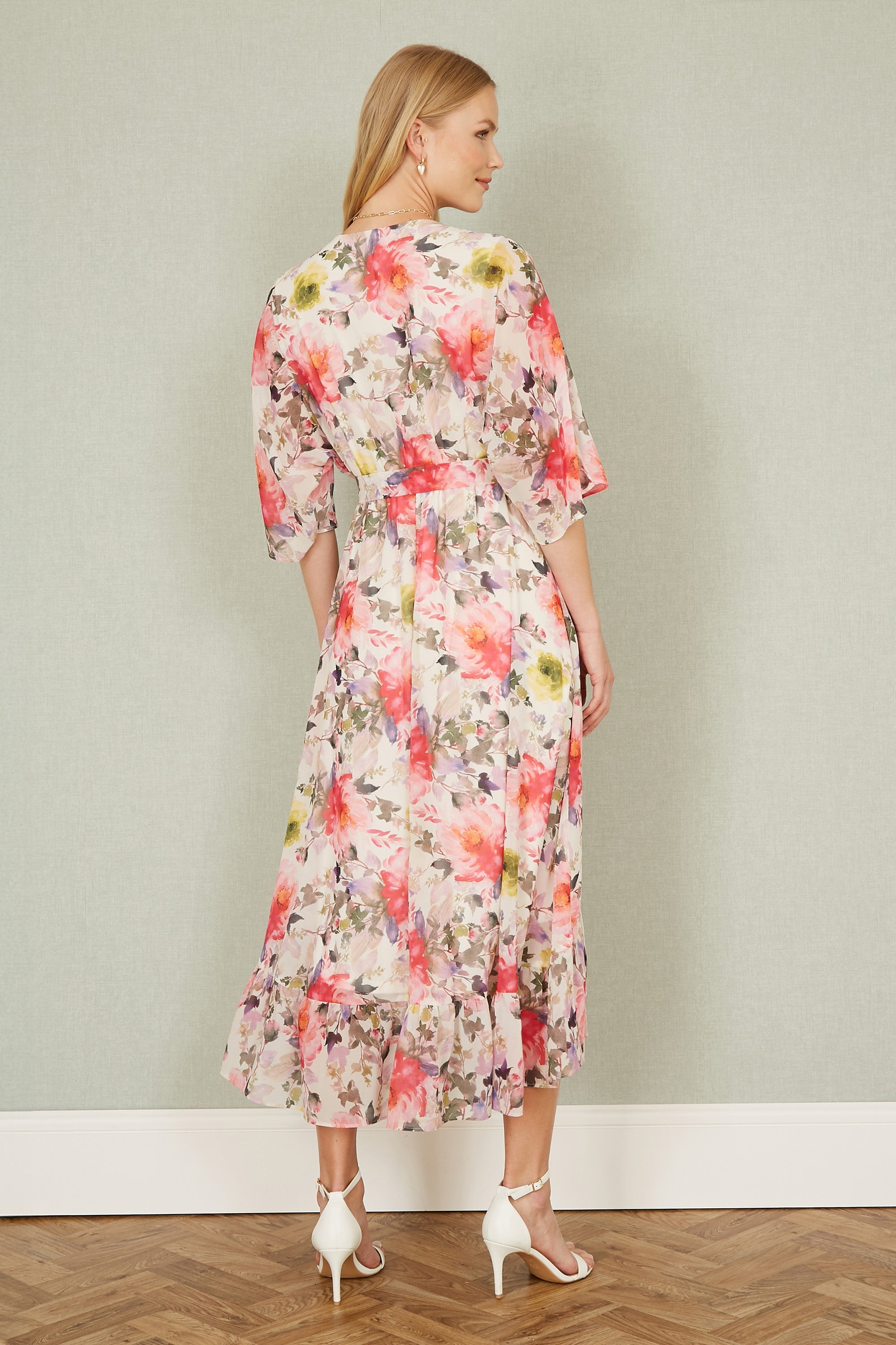 Yumi Ivory Vintage Floral Wrap Midi Dress With Frill - QHA UK