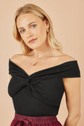 Yumi Black Jersey Cotton Bardot Top With Knot Detail - QHA UK